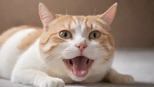 ilustración 3D, gato acostado, lengua fuera, hinchazón de estómago, espuma blanca alrededor de la boca, silbidos doblado, expresión preocupada, color de fondo suave, efecto gradiente sutil, y un indicio de incomodidad