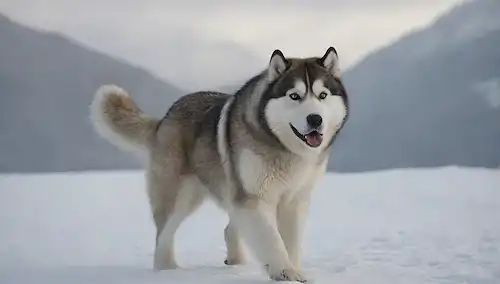 paisaje ártico con hielo, montañas nevadas, un único majestuoso Alaska Malamute con gruesas capas y ojos perforantes, a mitad de paso, mirando hacia la distancia, piel soplando en viento, terreno robusto en el fondo, niebla helada alrededor