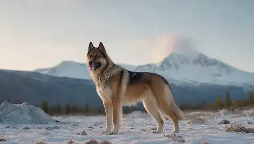 Paisaje ártico con árboles cubiertos de nieve, una cordillera lejana, un terreno robusto con rocas heladas, unas cuantas nubes brillantes en el cielo, un perro majestuoso de pie orgulloso marco central, gruesa capa doble brillando con helada y rocío, orejas inclinadas y cola sostenidas alta, mirada alerta y poderosa construcción