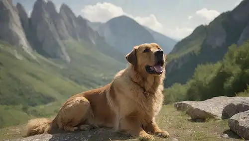 Un sereno paisaje montañoso con una gran raza de perros en el centro, rodeado de exuberante vegetación, rocas escarpadas, y una cálida luz soleada, que representa el Mastín del Pirineos aspecto majestuoso, con toques de sus orígenes antiguos y encanto rústico