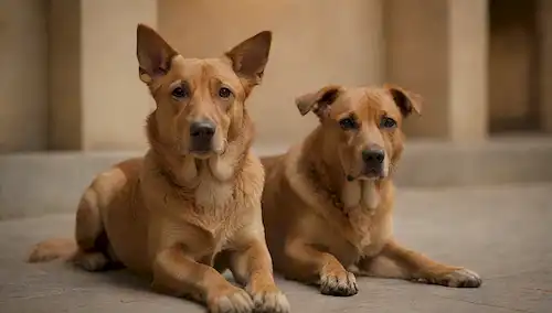 un perro majestuoso con un abrigo corto, liso, cola rizada y piel facial arrugada, sentado en un piso de piedra, rodeado de arquitectura de estilo italiano, con iluminación caliente y un fondo borroso