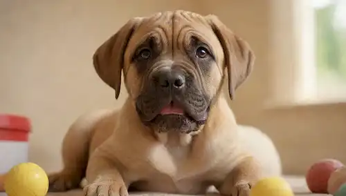 Un cachorro de Mastiff sonriente y energético con una cara arrugada y orejas floppy, rodeado de un fondo cálido y soleado, con juguetes y golosinas dispersados alrededor de él, transmitiendo felicidad y juguetón, mostrando su naturaleza amistosa