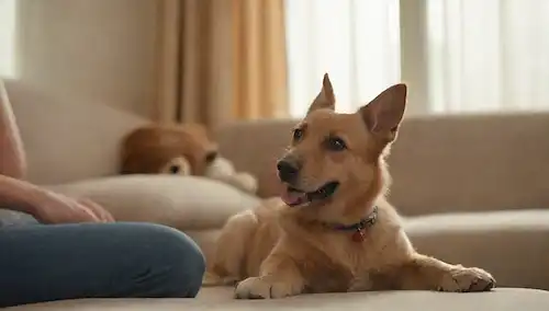 Una mascota feliz sentada en un regazo humano, las manos suavemente sosteniendo sus patas, un fondo de enfoque suave con una escena de salón borrosa, la cálida luz del sol fluyendo a través de la ventana, unos juguetes dispersos alrededor, y un ambiente tranquilo