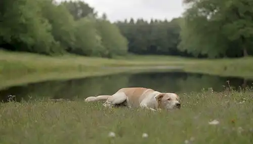 Un entorno tranquilo y sereno con un perro acostado sobre hierba verde exuberante