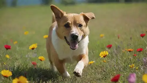 perro sano feliz corriendo en un prado verde, rodeado de flores coloridas, con un tazón de kibble nutritivo en el lado, y algunas vitaminas, minerales y fibras dispersas alrededor