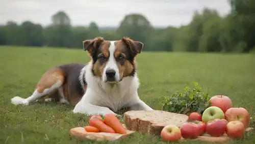 Un perro tranquilo acostado en un campo de hierba verde, rodeado de plantas comestibles y frutas, como bayas, manzanas y zanahorias; una canasta o un tazón lleno de verduras frescas y hierbas como perejil y romero; unas cuantas rodajas de pan integral de grano en la esquina; un toque de un cielo soleado encima