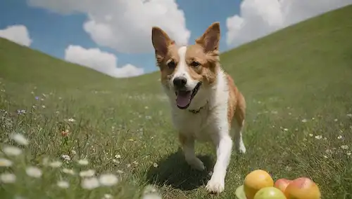 Feliz perro sano corriendo en ladera verde, rodeado de flores florecientes, con un cielo soleado y algunas nubes blancas suaves, con un tazón de frutas y verduras frescas en primer plano