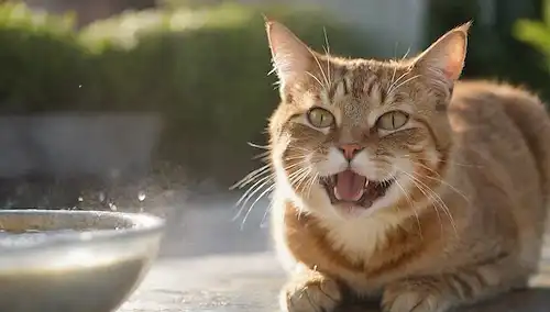Una toma de cerca de un gato feliz latiendo agua de un tazón o fuente, con un fondo borroso para enfocar la atención en la expresión llena de felinos y dinámica de fluidos, con una luz natural suave y un ambiente limpio y minimalista, mostrando la importancia de la hidratación en la salud del gato