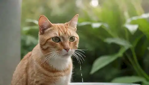 Feliz gato bebiendo de una fuente de agua brillante