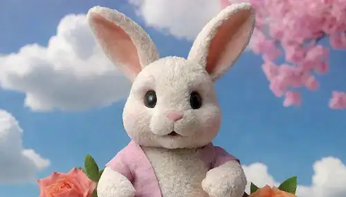 3D render de un lindo conejo con oído vendado, sosteniendo a un amigo animal relleno, en un fondo colorido con textura sutil, rodeado de elementos calmantes como flores o nubes