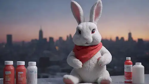 Un conejo de dibujos animados con una expresión amenazante, sosteniendo una patada de vendaje, frente a un paisaje urbano con un sutil tono rojo, rodeado de botellas de medicación del dolor dispersas y paquetes de hielo