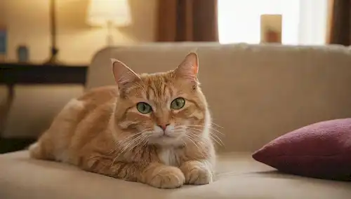 Una cálida y acogedora sala de estar con un gato acostado en un cojín suave, su piel brillando en la suave luz, rodeado de juguetes de felpa, unos pocos libros, o un jarrón, con el propietario sentado junto a él, leyendo un libro, o simplemente acariciarlo, transmitiendo una sensación de compañerismo