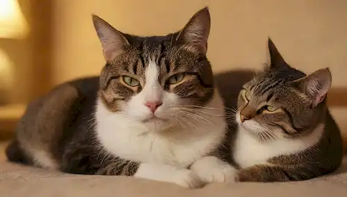 2 gatos en una pose acurrucada, uno apoyado contra el otro, con ojos cerrados y oídos relajados, rodeado de un resplandor de fondo caliente, en una manta suave, con algunos juguetes o catnip diseminados cerca