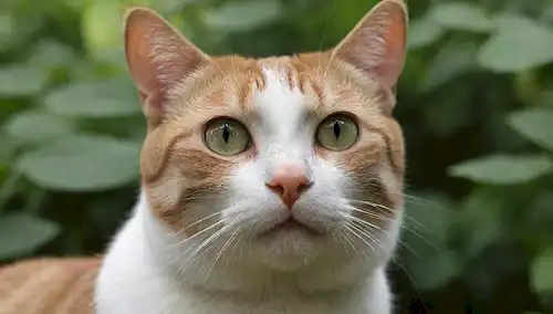 Una cara de gatos con suaves silbidos, una mirada suave, y labios ligeramente separados, rodeados de exuberante vegetación, tal vez algunas hojas o flores de cátodo, con sutiles sombras para transmitir un sentido de serenidad
