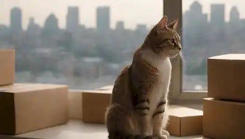 Un gato sentado en un ventanal con una expresión preocupada, rodeado de cajas abiertas y entorno desordenado, un paisaje urbano distante en el fondo, con una fuente de luz débil proveniente de arriba