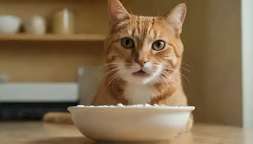 una cara felina con orejas enrojecidas, un tazón de comida en el fondo, una pata que llega a tocar el tazón, una pista de un gruñido en la boca de gatos, un utensil de cocina cerca, una sombra sutil que sugiere el descontento, un brote de color para el interés visual