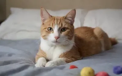 Un gato saltando en una cama con una expresión traviesa