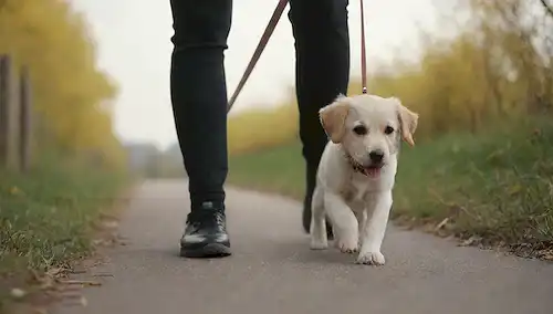Una imagen de colores cálidos, un disparo de cerca de una persona caminando un perro sobre una correa, suave toque, ambiente tranquilo, fondo sereno, luz natural, un sentido de confianza, compañía