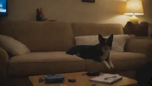 Una persona sentada sola en un sofá con una tele remota en la mano, rodeada de juguetes y libros, con un perro durmiendo a sus pies, mientras que una habitación encendida sugiere un hogar abandonado, transmitiendo sentimientos de soledad y ansiedad, en medio del débil zumbido de música o TV todavía jugando en el fondo
