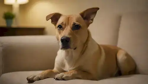 Un perro tranquilo sentado solo en un sofá
