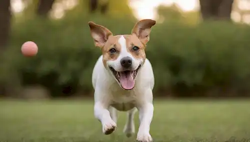 Un perro curioso con orejas enrojecidas, la lengua fuera, y patas fuera de tierra; una bola o juguete en el aire medio; fondo borroso que sugiere movimiento; iluminación caliente; atmósfera lúdica