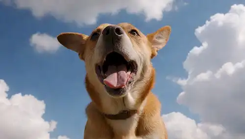 Un perro juguetón con una lengua fuera, rodeado de nubes suaves y brisa suave, transmitiendo emoción, alegría y naturaleza despreocupada, con sombras sutiles que insinúan una turbulencia emocional interior