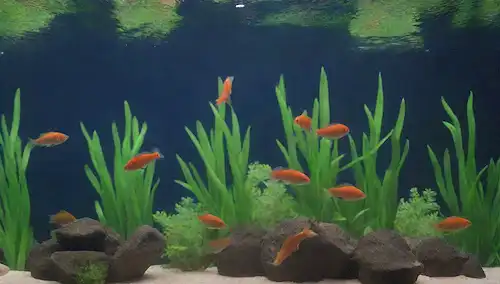 5-6 colorido Pez Mollies nadando en un tanque de acuario azul claro con plantas verdes exuberantes, rocas decorativas y fondo arenoso, rodeado de un vidrio de diseño elegante o cubierta acrílica, con un medidor de temperatura y tiras de prueba de pH en el fondo