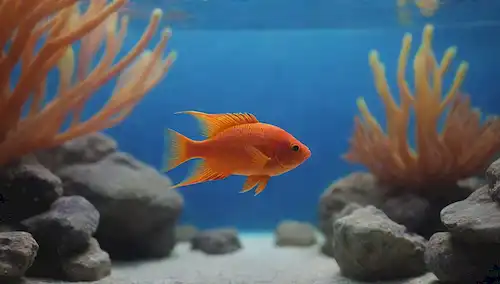 Un acuario colorido con peces naranja brillante nadando entre plantas y rocas