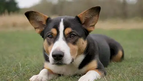 Un perro tranquilo acostado en una hierba suave, rodeado de un ambiente natural sereno con algunas nubes en el cielo, tal vez un suave arroyo corriendo cerca, los perros orejas relajados y ligeramente atrás, sus ojos medio cerrados, con una sutil sonrisa en su cara