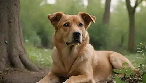 Un perro tranquilo en un ambiente sereno, con una mirada suave, textura suave y sombras sutiles, rodeado de elementos naturales como hojas, flores, o un paisaje pacífico, con mínima distracción, colores cálidos y alto contraste, transmitiendo un sentido de relajación, serenidad y confianza