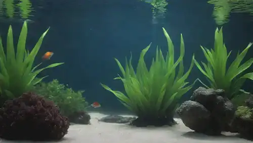 Un pez nadando en un ambiente acuático saludable con plantas, flujo de agua y decoraciones naturales, rodeado de un débil aura azul o verde para representar la calidad del agua, sin señales de estrés o contaminación, mostrando la próspera vida acuática en condiciones óptimas, con un sutil toque de luz solar filtrando a través del acuario