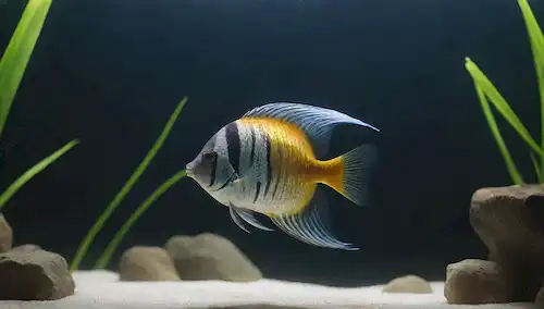 Pescado colorido nadando en un acuario tranquilo, ondas de agua y reflejos en la superficie, plantas decorativas y rocas, un pez ángel flotando cerca del borde, un pecho tesoro u otro elemento decorativo en el fondo, luz sutil filtrando a través del agua