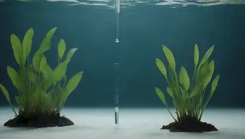 Un ambiente acuático tranquilo, con una superficie de agua clara, algunas plantas sumergidas, un pez nadando en el fondo, una pipeta o un tubo de prueba en el primer plano, posiblemente conteniendo muestras líquidas