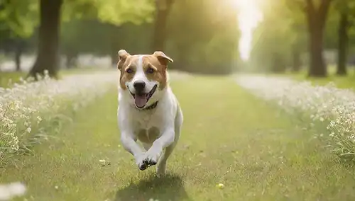 ilustración 3D de un perro feliz y saludable con un abrigo brillante, jugando al fetch o corriendo en un parque verde, con alimentos ricos Omega-3 como pescado o lino en el fondo, rodeado de flores florecientes y la luz del sol
