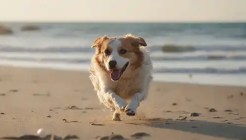 Un perro feliz con un recubrimiento brillante corriendo en una playa
