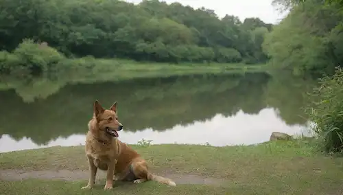 Un perro tranquilo en un entorno de parque, rodeado de vegetación y agua, con unos pocos peces nadando en el fondo, transmitiendo serenidad y armonía, una representación de buena salud y bienestar