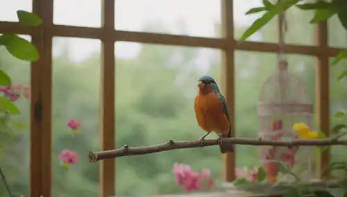 Un fondo colorido con un pájaro feliz encaramado en una rama
