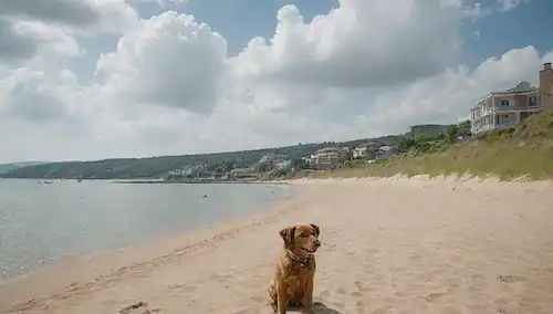 Una cálida escena de verano, una playa con dunas de arena, un lago tranquilo en la distancia, un perro jugando cerca del borde de las aguas, un gato que se erige en una roca, un edificio Parador en el fondo, soleado cielo con nubes blancas, frondoso entorno verde, un camino de caminata que conduce al edificio