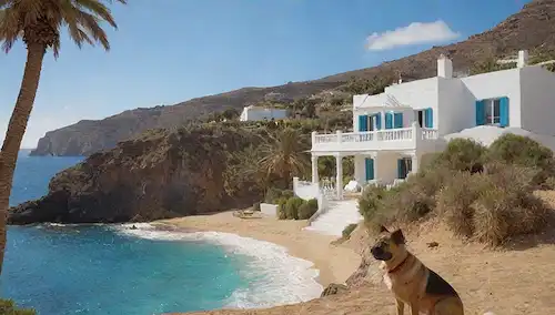 Un día soleado en una playa canaria, con una pintoresca casa encalada, rodeada de exuberante vegetación, y unos amigos peludos (perros y gatos) jugando y saltando cerca, con vistas al mar turquesa, con una cálida costa de arena, palmeras que se balancean suavemente en la brisa, y un cielo azul claro encima