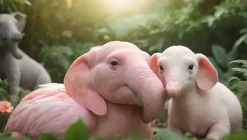ilustración 3D de una feliz pareja de flamencos, un dúo de cerdo y cabra se abalanzaba, un adorable elefante y conejo mejores amigos abrazando, rodeado de exuberante vegetación, colores pasteles y detalles caprichosos