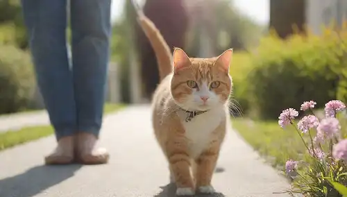 Un gato feliz caminando sobre una correa con un propietario en el fondo, acera borrosa, luz del sol brillando, flores que florecen alrededor de ellos, gatos cola sostenida alta, expresión de sonrisa