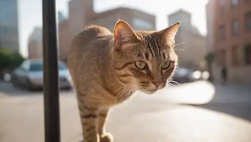 Un curioso gato mirando por detrás de un faro, con sombras de sol que arrojan sobre su cara; un paisaje urbano borroso en el fondo, con unos pocos peatones caminando por; un ligero aroma de catnip ondeando por el aire; los gatos que gime con emoción; un sentido de aventura y libertad
