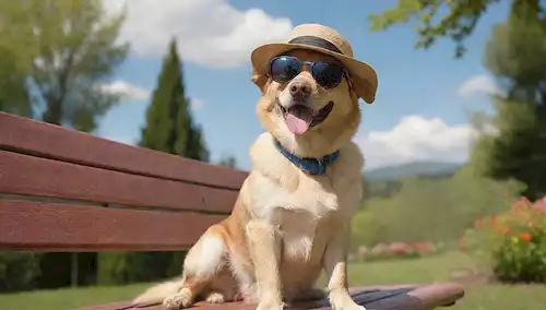 Un perro feliz, rodeado de un banco de parques, flores y hojas, con una correa sostenida por una persona, con gafas de sol y un sombrero, en un día soleado, con un cielo azul y nubes blancas suaves, contra un fondo borroso de árboles o colinas