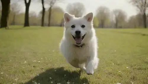 Un perro feliz corriendo libremente en un parque con hierba verde y flores florecientes