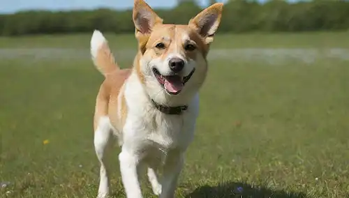 Un perro feliz de tamaño mediano con un abrigo grueso, orejas flojas y una cola ondulante, de pie en un prado verde, rodeado de flores, jugando con una pelota o un palo, con un cielo azul brillante encima, transmitiendo un sentido de alegría, amistad y juguetón