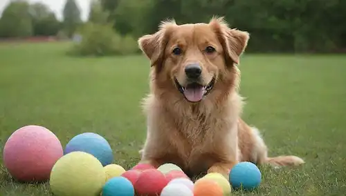Perro de 3-4 años con un abrigo grueso, cola rizada ondeando, sentado o de pie sobre hierba verde, rodeado de juguetes y bolas, con una expresión amistosa