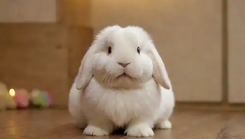 Un retrato de un conejo de Holland Lop blanco con características suaves y redondeadas, mirando directamente al espectador, sentado en un piso limpio de madera o piedra, rodeado de iluminación sutil, con unos juguetes o objetos a mano