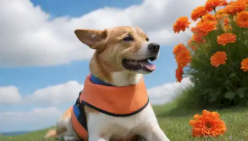 Un perro feliz sentado en un césped verde, usando una chaqueta de vida naranja brillante, rodeado de flores coloridas y un cielo azul tranquilo con nubes blancas hinchadas