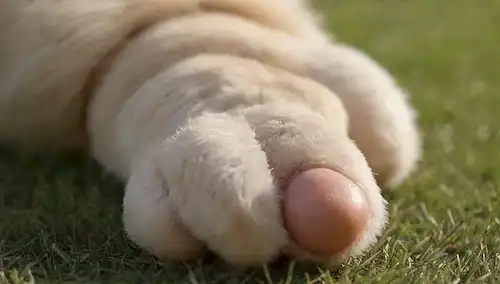 un disparo de cerca de una pata de perros, con su piel agitada para revelar las almohadillas de los pies, rodeado de fondo borroso de hierba o una superficie suave, iluminación cálida y natural, ligero enfoque en una almohadilla de los pies, textura suave y colores sutiles, sin sombras duras