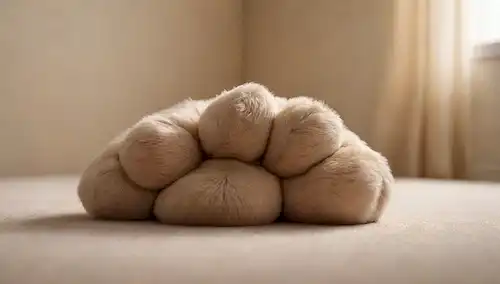 Ilustración 3D de una pata de perros con almohadillas desgastadas, suaves y ligeramente decoloradas, rodeadas de sombras sutiles para indicar el desgaste; colores suaves y calmantes como beige, crema y marrón claro; pliegues suaves y pliegues en el relleno